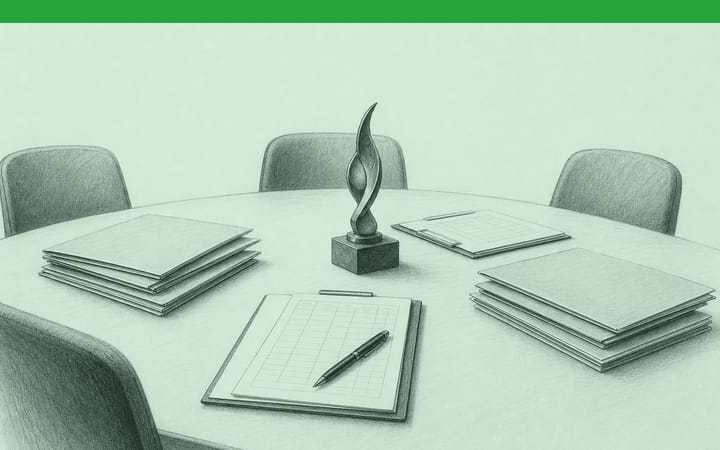 Drawing of a jury table with application folders, evaluation sheets and a small award statuette, empty chairs around it.