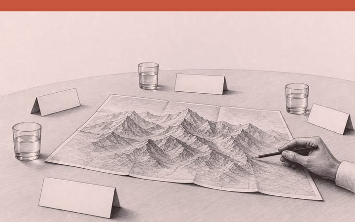 Drawing of a conference table with an unfolded map of a mountain range, blank name cards and water glasses.
