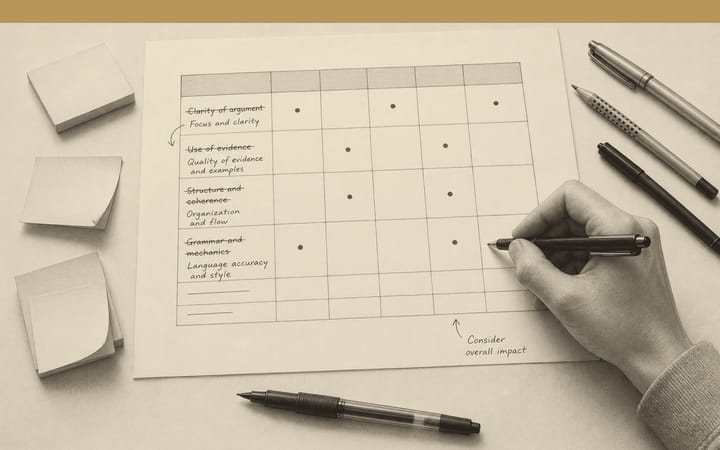 Drawing of a printed assessment grid with handwritten additions, crossed-out criteria, pens and sticky notes.