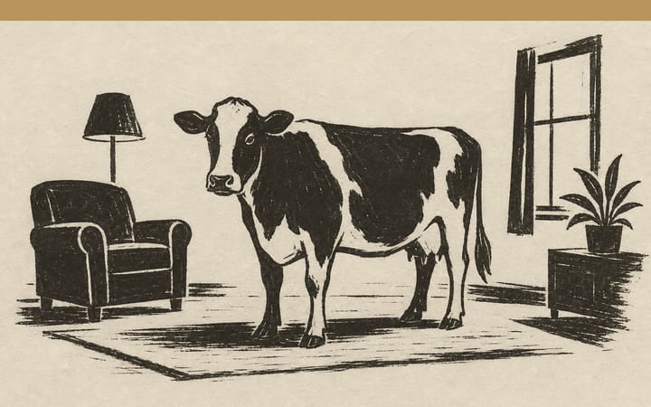 Print of a large cow standing calmly in the middle of a living room.