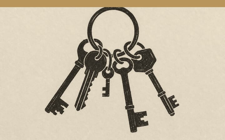 Print of a bunch of keys of very different shapes on a single ring.
