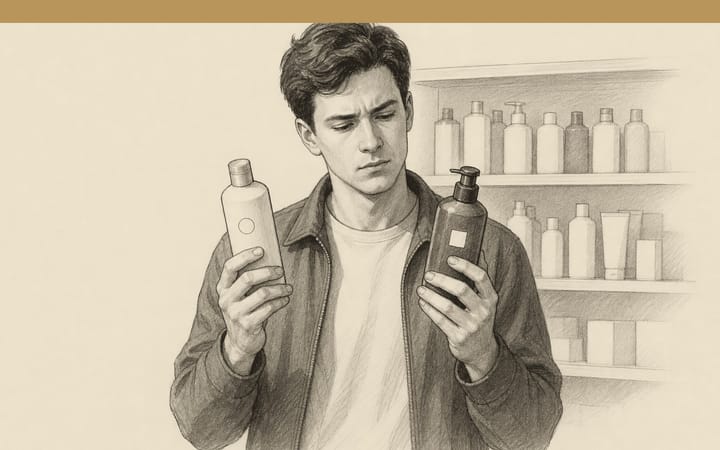 Pencil drawing: a young man compares the labels of two products in a store.