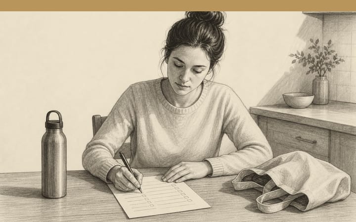 Pencil drawing: a woman fills in a questionnaire at her kitchen table.